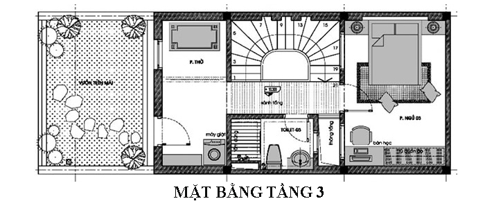 Mặt bằng t3 Thiết kế nội thất nhà phố chị Thoa tại Hà Nội 